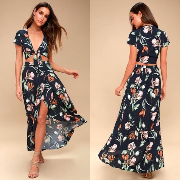 Lulus | Magdalena Navy Blue Floral Print Two-Piece Maxi Dress - Picture 1 of 10